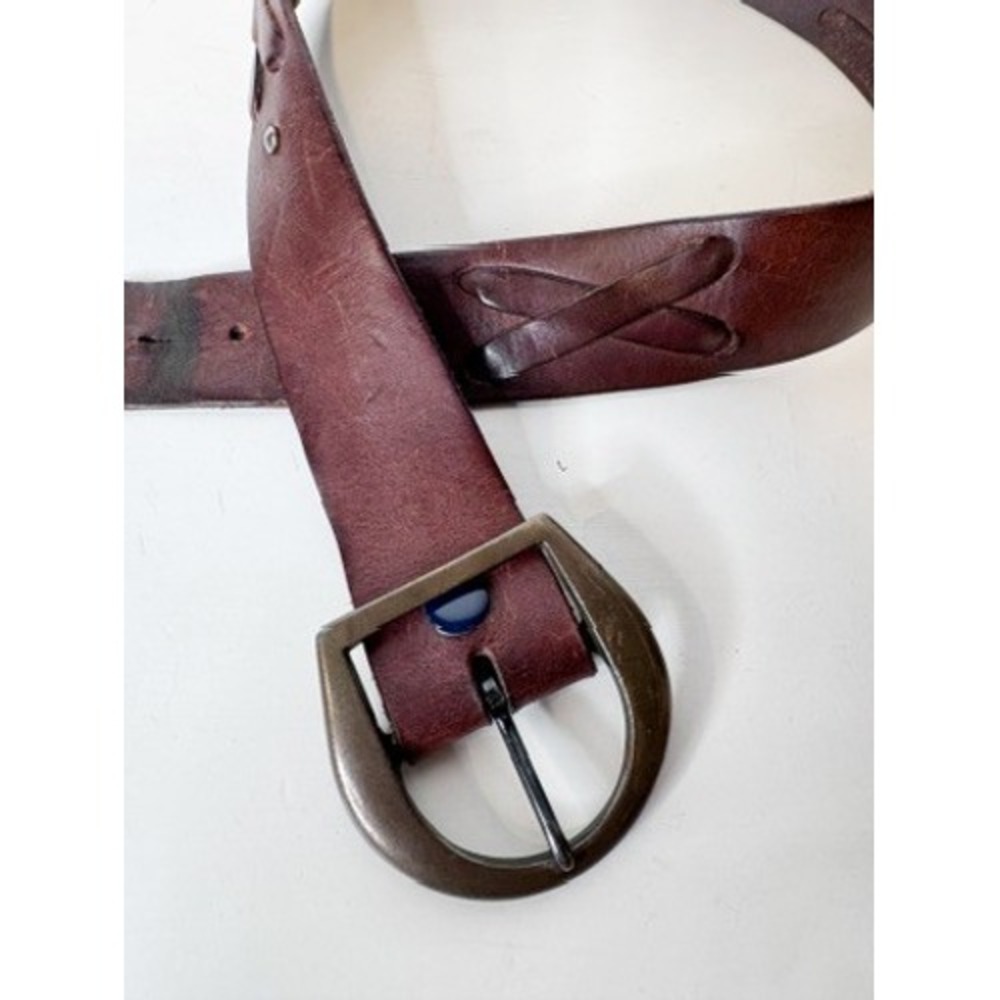 Vintage | Handmade Laced Leather Belt w/ Oversized Bronze‎ Buckle, Pirate Rustic